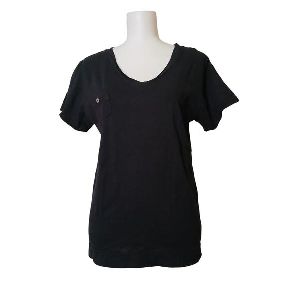 Fresh Produce Black T-shirt V-neck Small Chest Pocket Mother of Pearl Button L - Picture 1 of 10